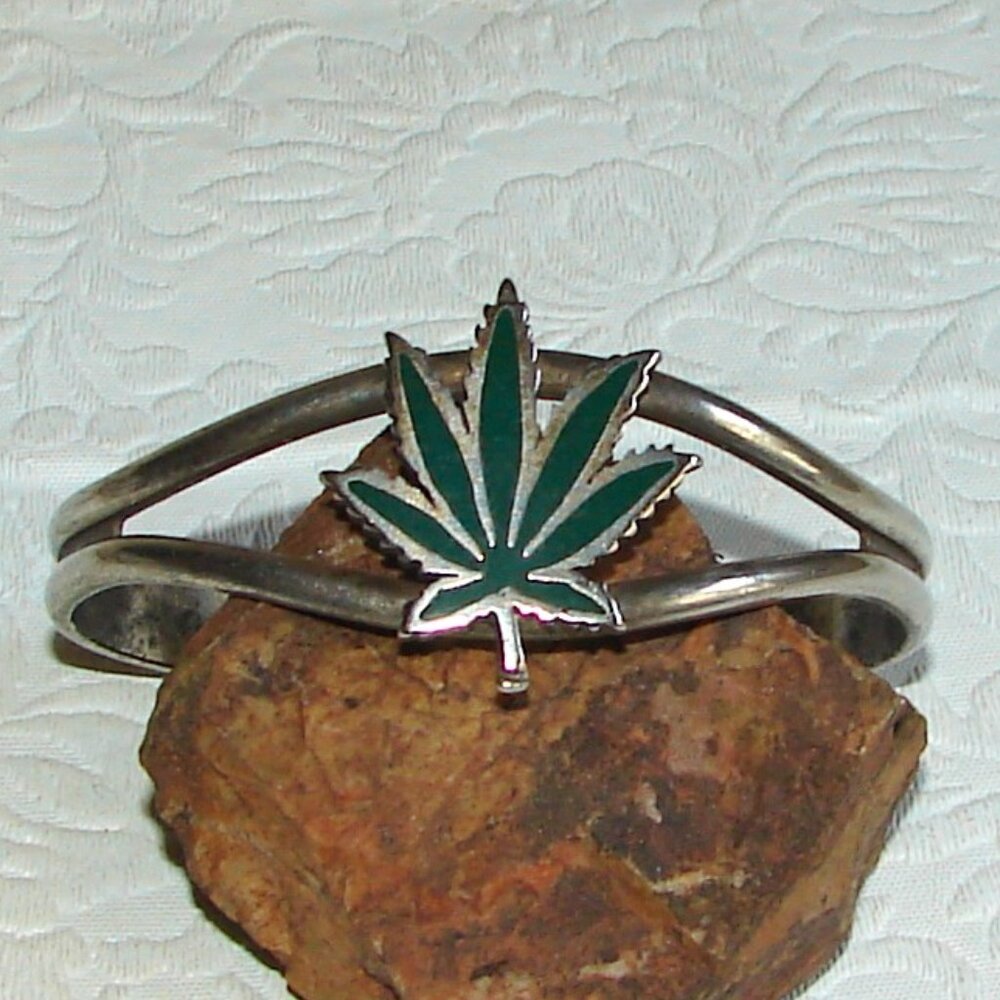 Vtg 1988 G & S Marijuana Leaf Biker Cuff BRACELET, Signed G&S, Pot Leaf F15